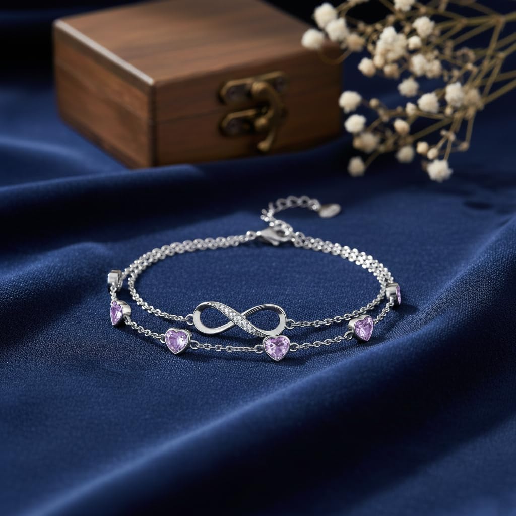 Prismata Infinity Birthstone Charm Link Bracelet/Anklet 925 Sterling Silver Adjustable 12 Months Birthstone Infinity Bracelet/Anklet Birthday Jewelry Gifts for Women Her