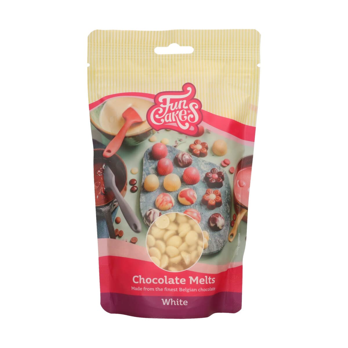 FunCakes Chocolate Melts White: Melting Chocolate to Make Sweet Bonbons, Drips, Glaze, Cake Decorations, Drizzles. Easy Melting in Microwave or Au Bain-Marie, Halal. 350g.