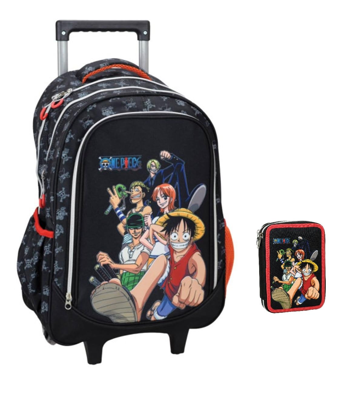 Schulrucksack 0ne Piece Schwarz rund 3 Fächer Reißverschluss für mittlere Grundschulkinder + Federmäppchen 2 Etagen komplett + Schlüsselanhänger One voll und mehrfarbiger Stift