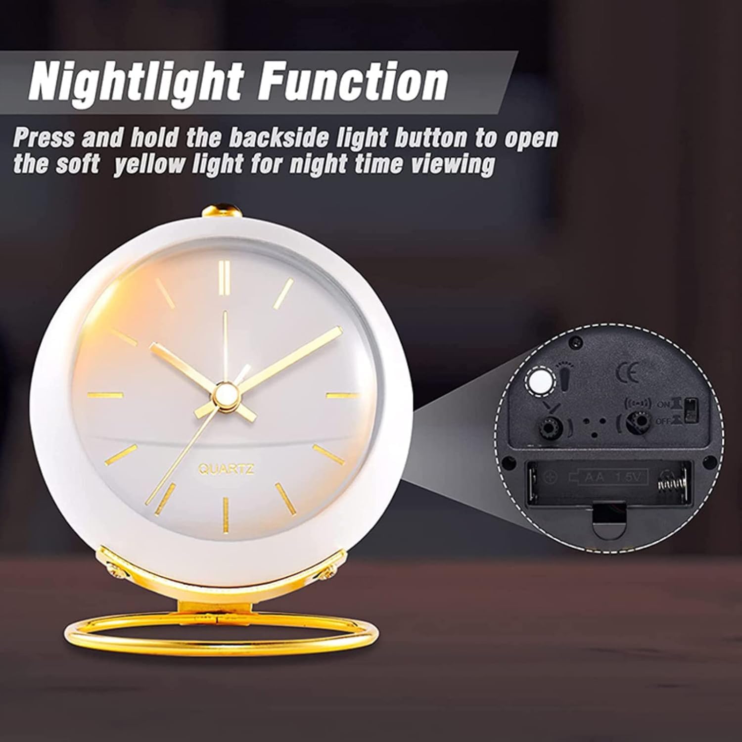 QIMIT Alloy Steel Silent Analog Table Clock, Nightstand Alarm Clock, Analog Alarm Clock with Light for Rooms, Table, Desk, Shelf, Office, Without Battery (Small Stand), 20 cm 2