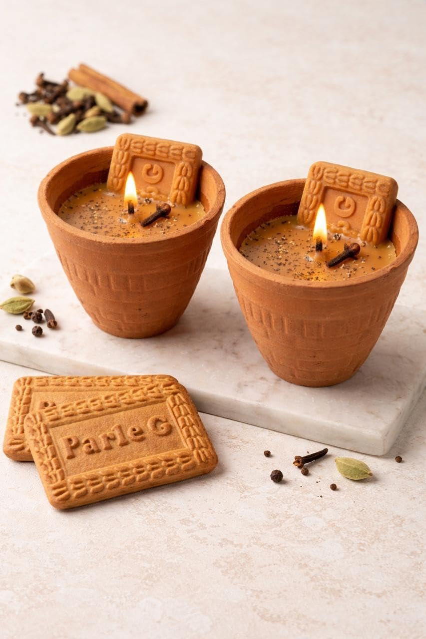 Chai Kulhad Candle with Parle-G Biscuit Design, Terracotta Cup, Spiced Scent, Set of 2-image-0