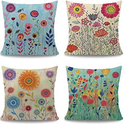 Wtisan Cushion Covers 45 x 45 cm Decorative Outdoor Cushion Balcony Decoration Breathable Colourful Flowers Cushion Covers for Sofa Living Room Garden Balcony Pack of 4 Cover