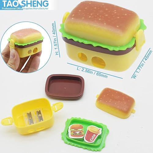 Miniatura 2 de Sacapuntas Hamburger, de plástico de doble agujero, portátil, con contenedor y borrador para niños, adultos, profesores, artistas, viajes, escuela,