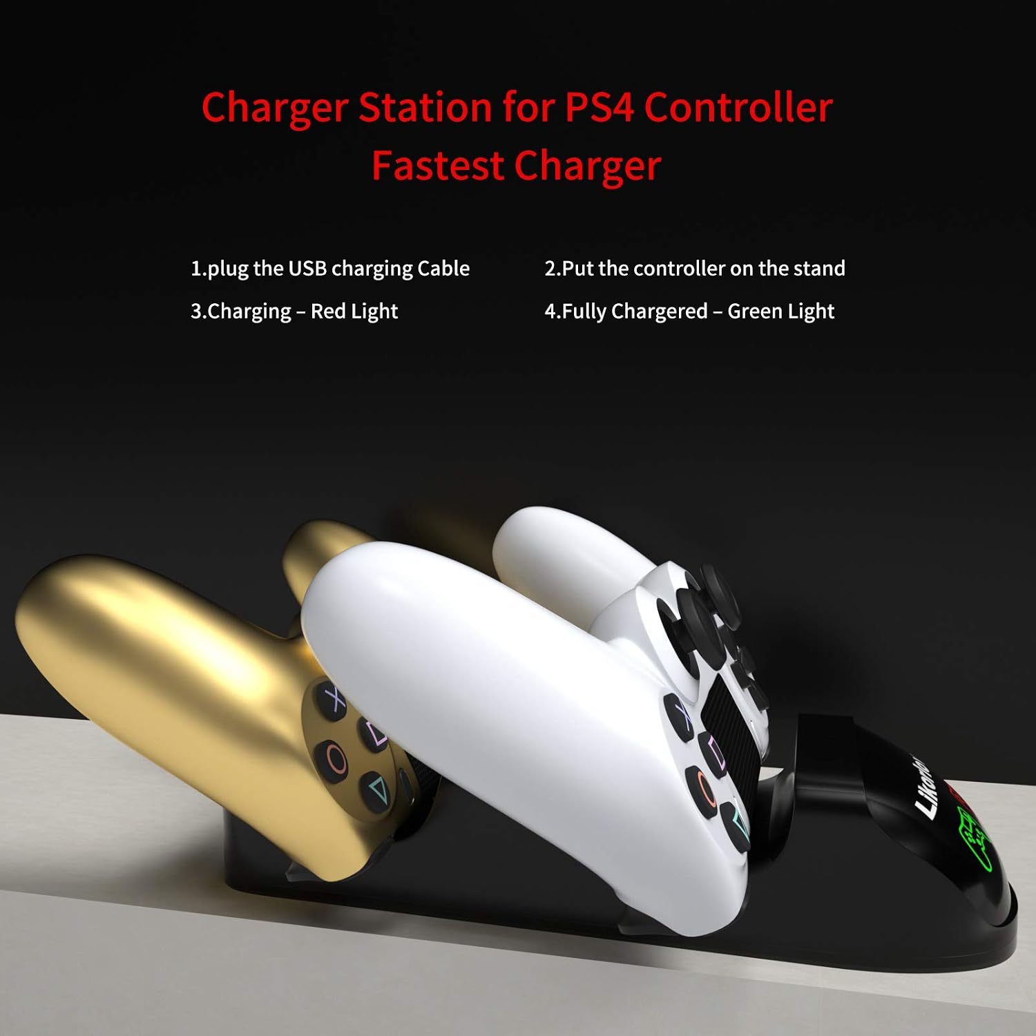 GYORGKSHI PS4 Controller Charger, High Speed Dual Controller USB Charging Station Dock for Sony Playstation4 / PS4 / PS4 Slim / PS4 Pro Controller with LED Light Indicators and Charging Cable