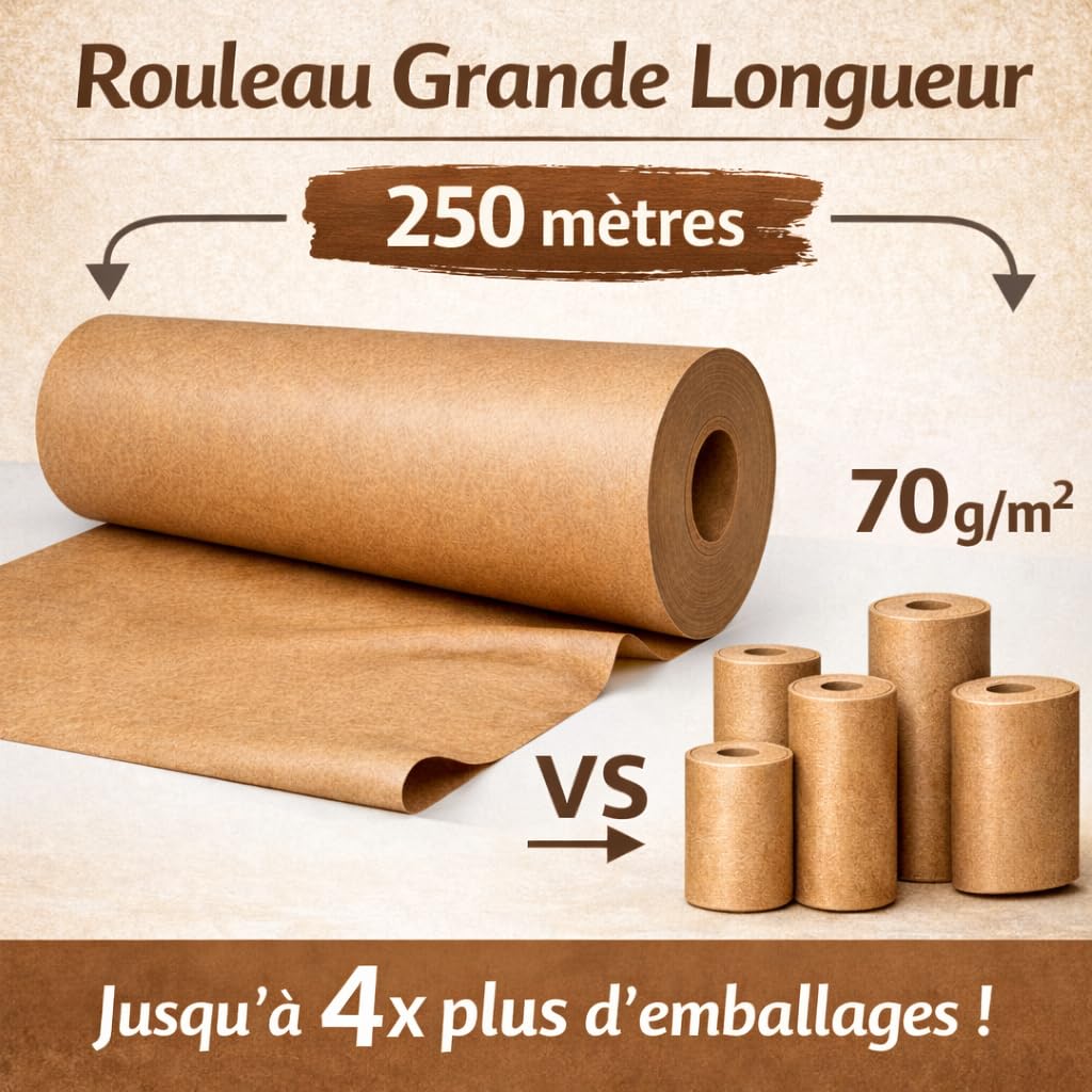 Rouleau Papier Kraft - 90 cm x 250 m – Papier Kraft Marron 70 g/m² – Papier Emballage Colis, Protection Carton, Emballage Cadeau – Papier Kraft Résistant pour Expédition, E-commerce & Déménagement