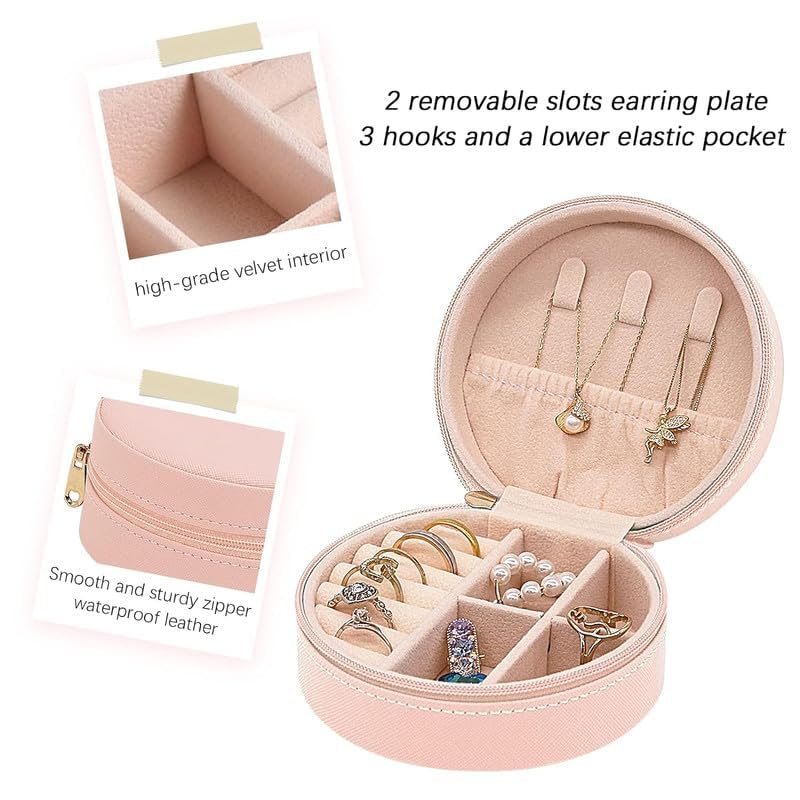 Image of Travel Jewelry Box Mini Portable Organizer Travel Case with Zipper Faux PU Leather Small Storage Boxes for Rings Earrings Necklaces Bracelets for Women Girls (Round-Pink)