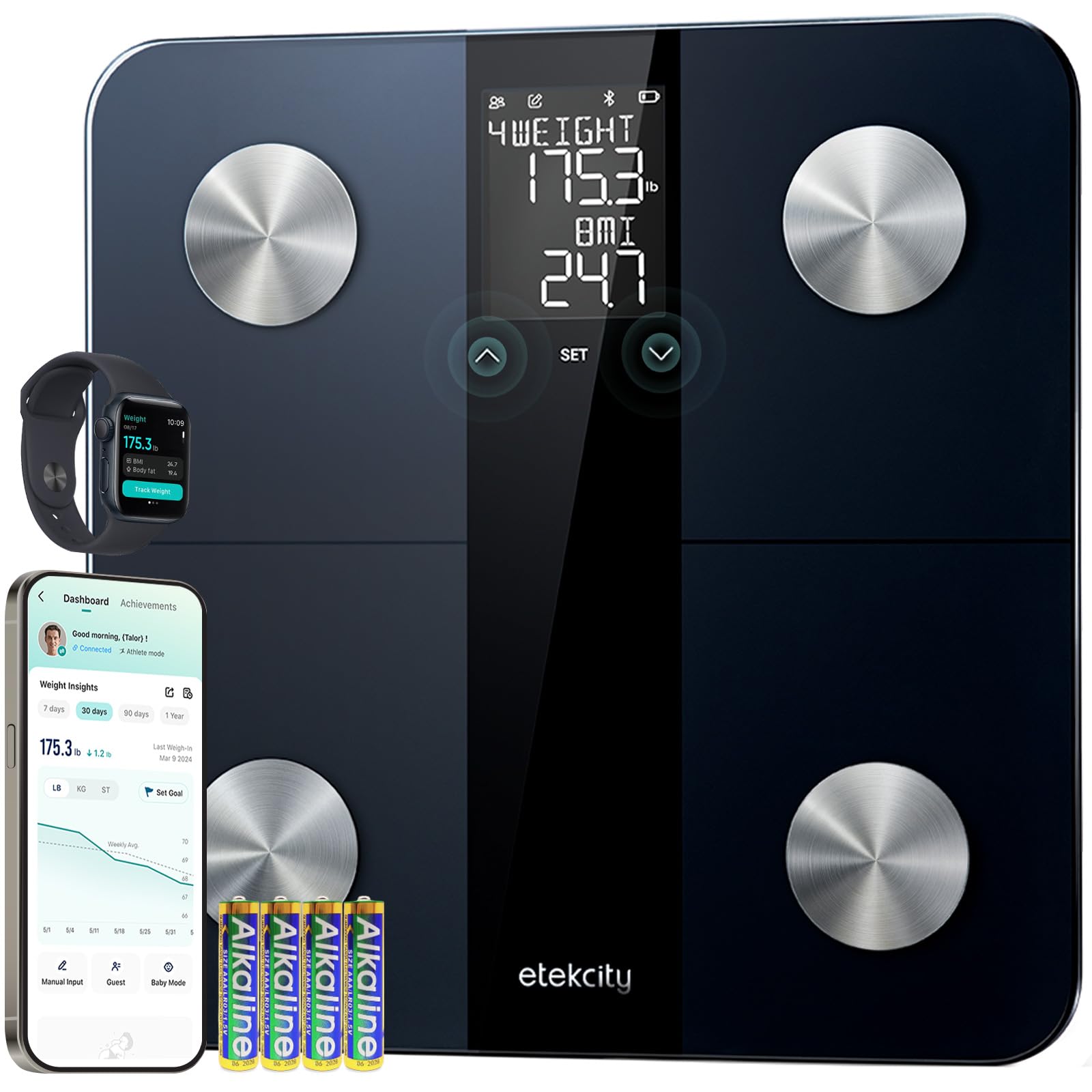 Etekcity Scales for Body Weight, High Precision 0.1lb Bathroom Digital Weighing Scale with Phone App & Bluetooth, Smart Body Composition Monitor for BMI, Body Fat, Muscle Mass, Durable Glass Black
