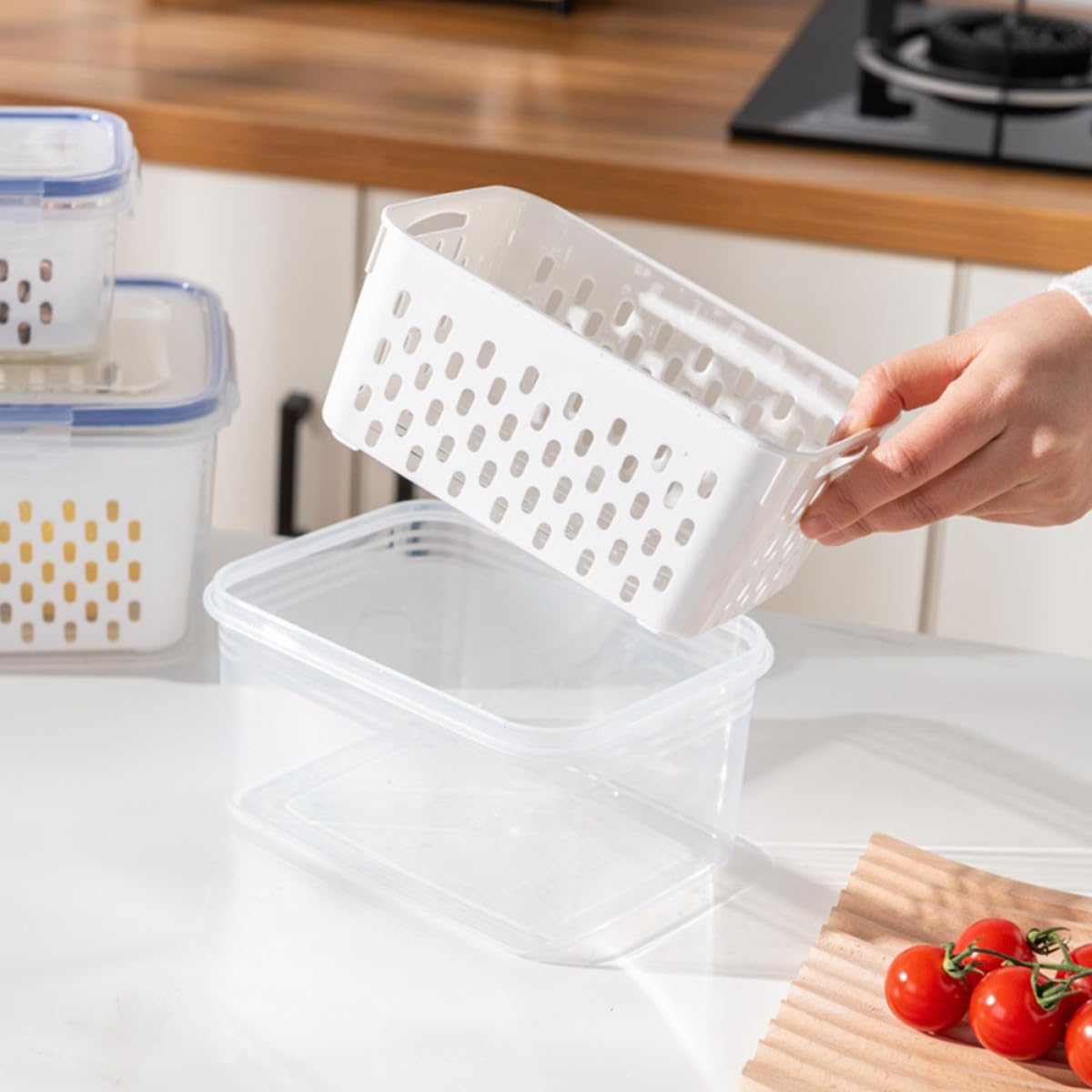 FOMIYES 3 Contenedores para Almacenar Alimentos con Tapa y Cesta de Drenaje, Diseño Transparente de Pp, Capacidad de 850ml, 1750ml y 3300ml para Frutas y Verduras en Refrigerador