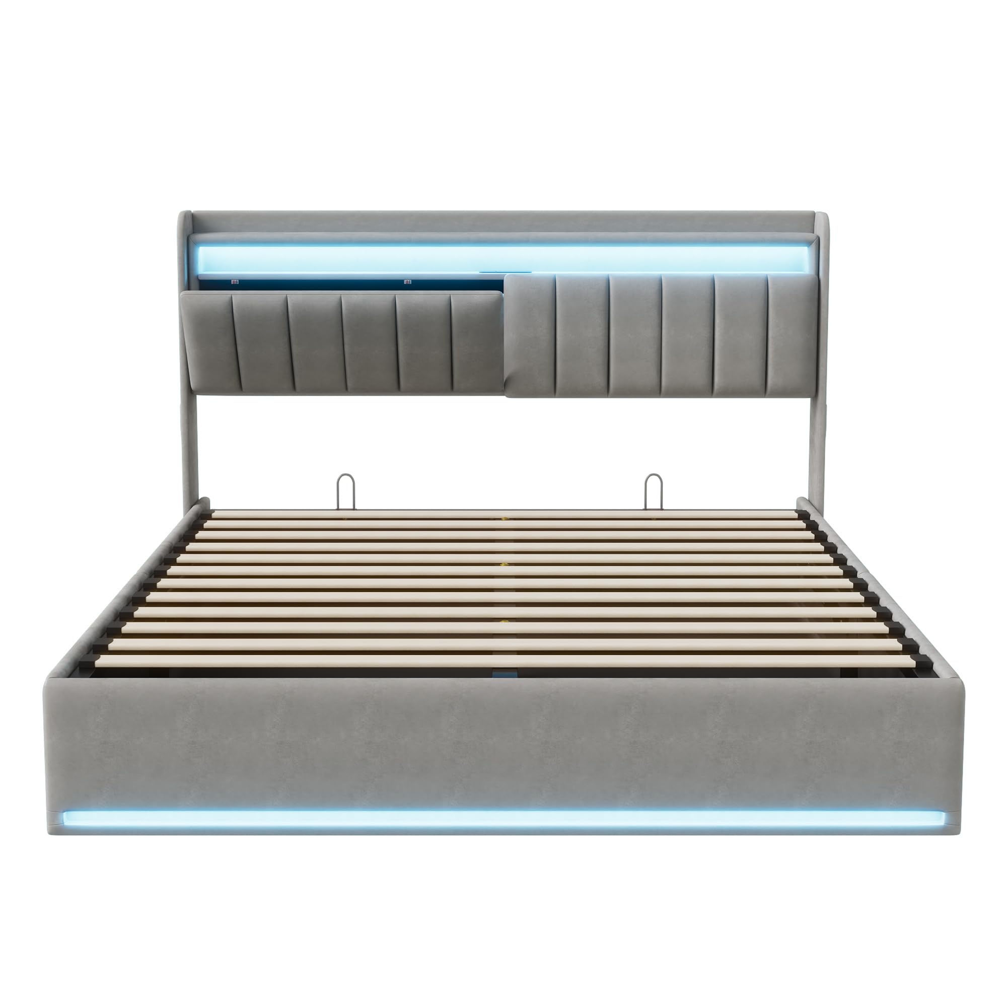 Letto Matrimoniale con Contenitore 160x200 cm,Letto Imbottito con LED e USB,Testiera con Funzione di Stoccaggio,Letto Baule 160 x 200 con Idraulico e Rete a Doghe,Velluto,Grigio