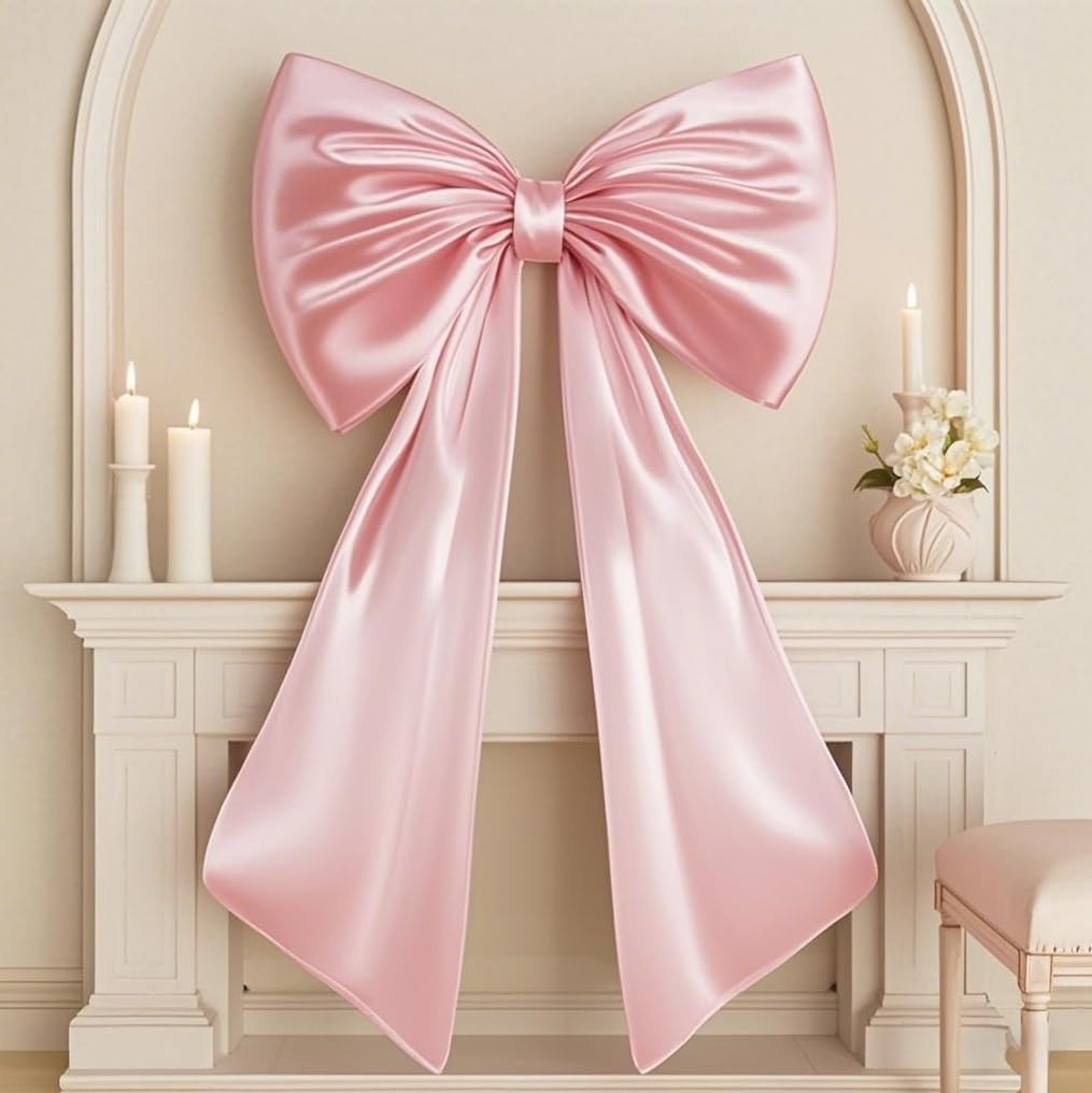 Large Pink Bow for Coquette Room Decor, 40x24 In Satin Ribbon Tie Coquette Birthday Decorations, Giant Pastel Pink Hanging Wall Decor for Ballerina Girl Just Want to Be One (Internal Stability Layer)