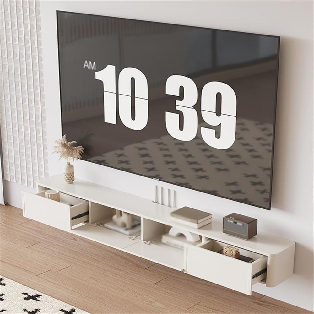 Szafka pod telewizor Pływający stojak pod telewizor, montowany na ścianie ośrodek rozrywki z 2 szufladami, konsola multimedialna Rozrywka TV(Biały,200x24x20cm)