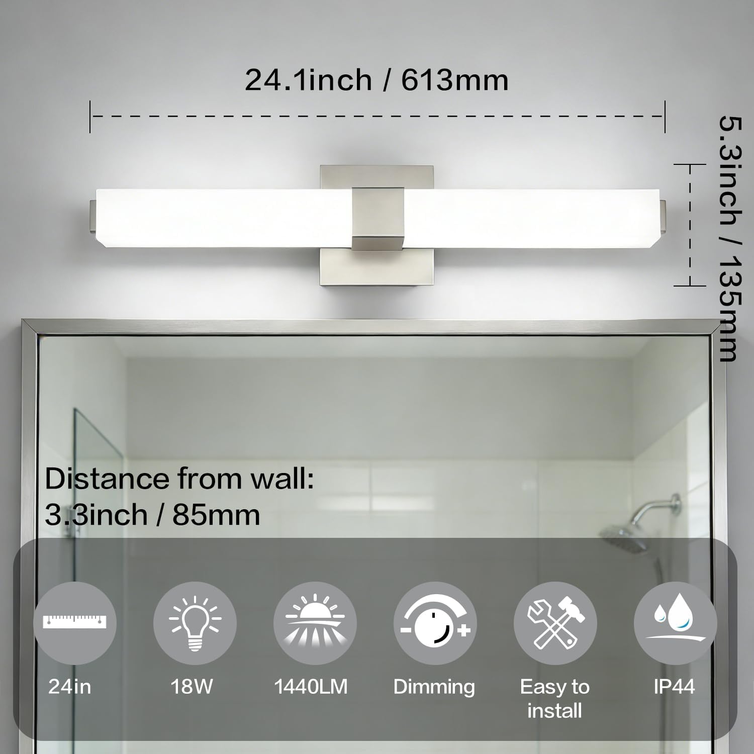 ZUZITO Brushed Nickel Dimmable Vanity Light: 24 Inch LED Modern Bathroom Light Fixtures Over Mirror IP44 Waterproof