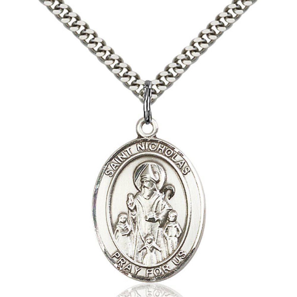 Bonyak Jewelry Sterling Silver St. Nicholas Pendant 1 x 3/4 inches with Heavy Curb Chain