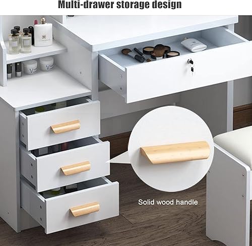 Miniatura 3 de QQXX Juego de tocador de maquillaje y taburete con espejo deslizante, escritorio de gran capacidad con 5 cajones, estantes de almacenamiento