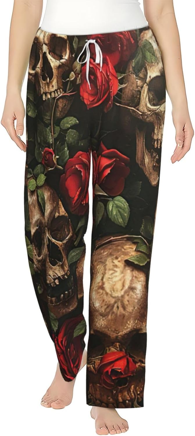 Skull And Red Rose Print Fashion Cozy Womens Flannel Pajama Pants,Perfect For Christmas And Everyday Wear