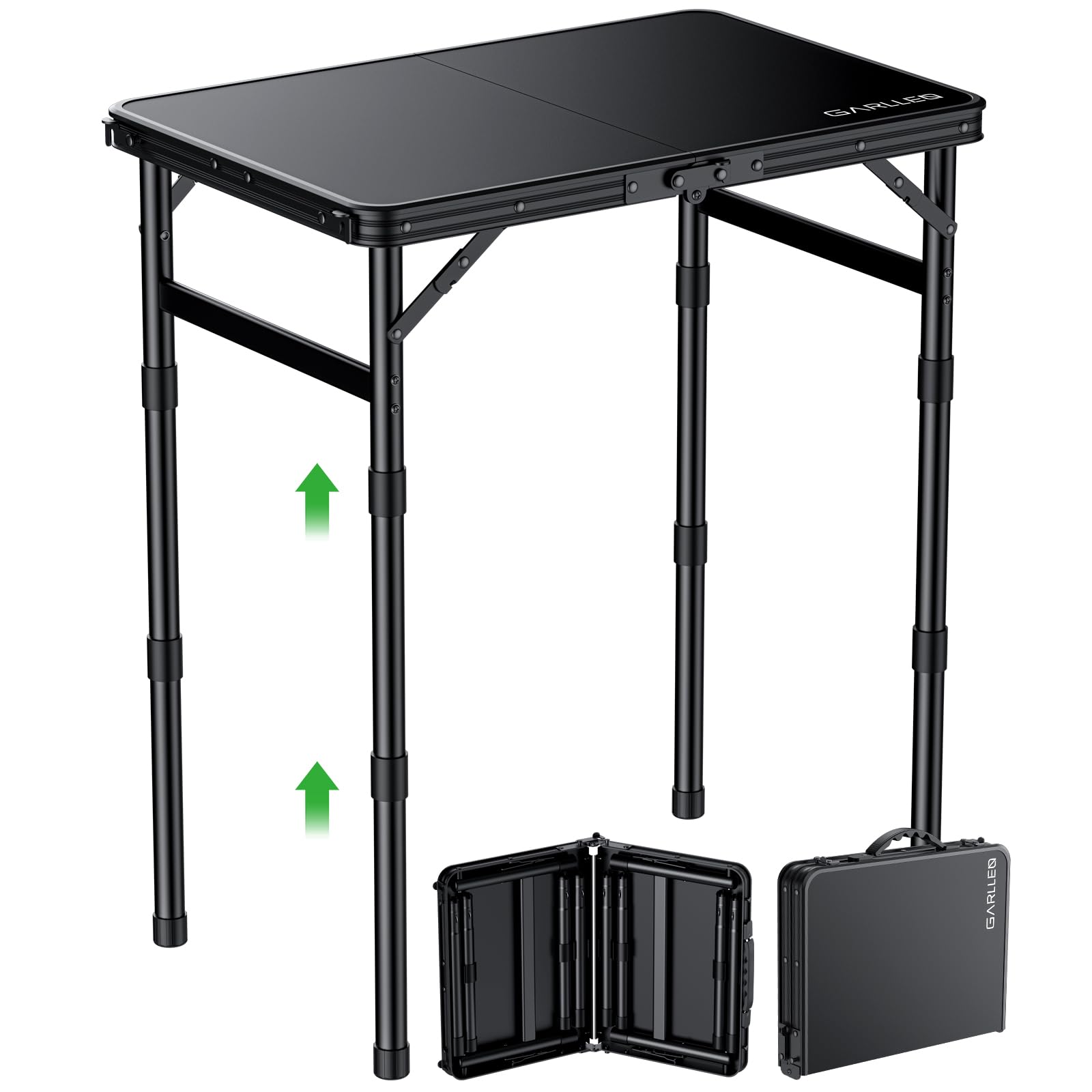 GARLLEN Mesa Plegable de Camping, ABS y Aleación de Aluminio, 58x40 cm, 3 Alturas Ajustables, Ligera y Compacta, para Barbacoa, Picnic y Trabajo
