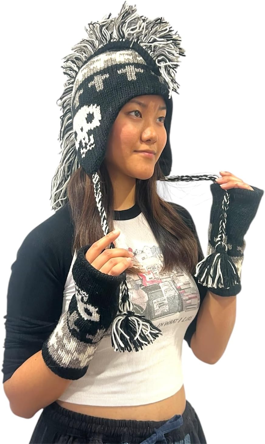 Bone Skull Mohawk Hat - Black and White Skull Hat | Handmade in Nepal - 100% Cotton One Size - Image 5