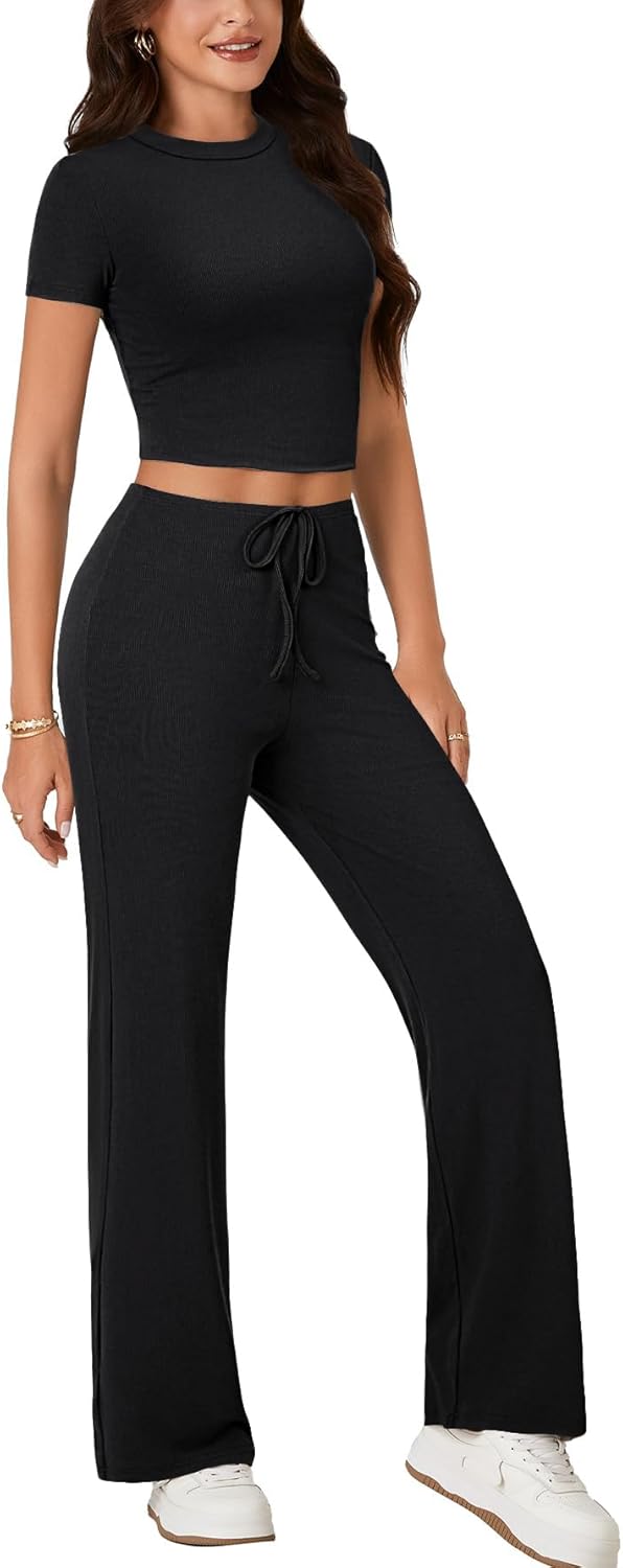 Rooscier Women's 2 Piece Outfits Lounge Sets Short Sleeve Crop Tops and Wide Leg Pants Tracksuit Sets - Image 4
