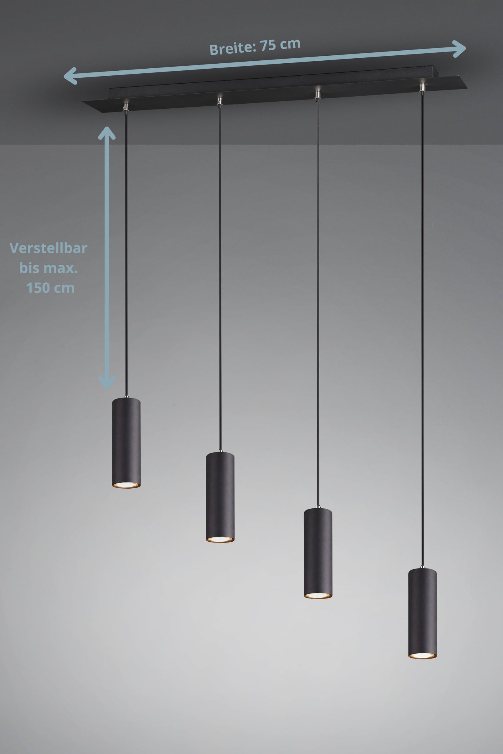 modern Pendellampe Julie, 4-flammige Pendelleuchte schwarz matt Metall, Esszimmer Küche Wohnzimmer, 4 x GU10 max. 35W, ø 6 cm, höhenverstellbar max. 150 cm, Breite 75 cm