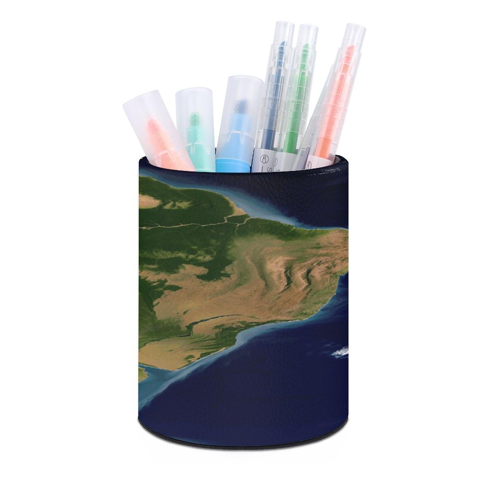 FekiLoot South America Satellite Image Pen Holder Cup Fashion PU Leather Pencil Cup Minimalist Pen Organizer Round Pencil Holder Stand Work Locker Accessories for Decoration Desk Office Home