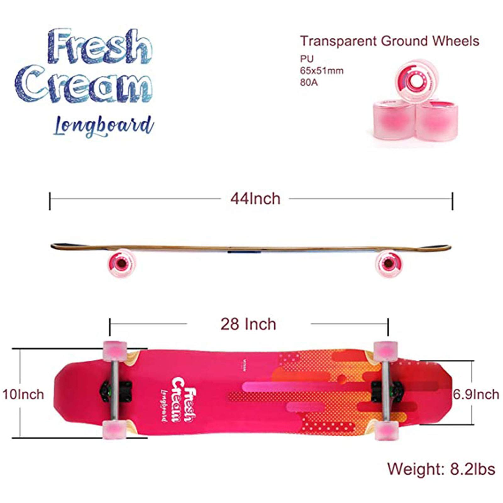 44 Pulgadas Longboard Skateboard Completo - Dancing Free Style Slide Cruiser Longboards Completo para Principiantes O Profesionales con Ruedas De PU De Alto Rebote,Rosado