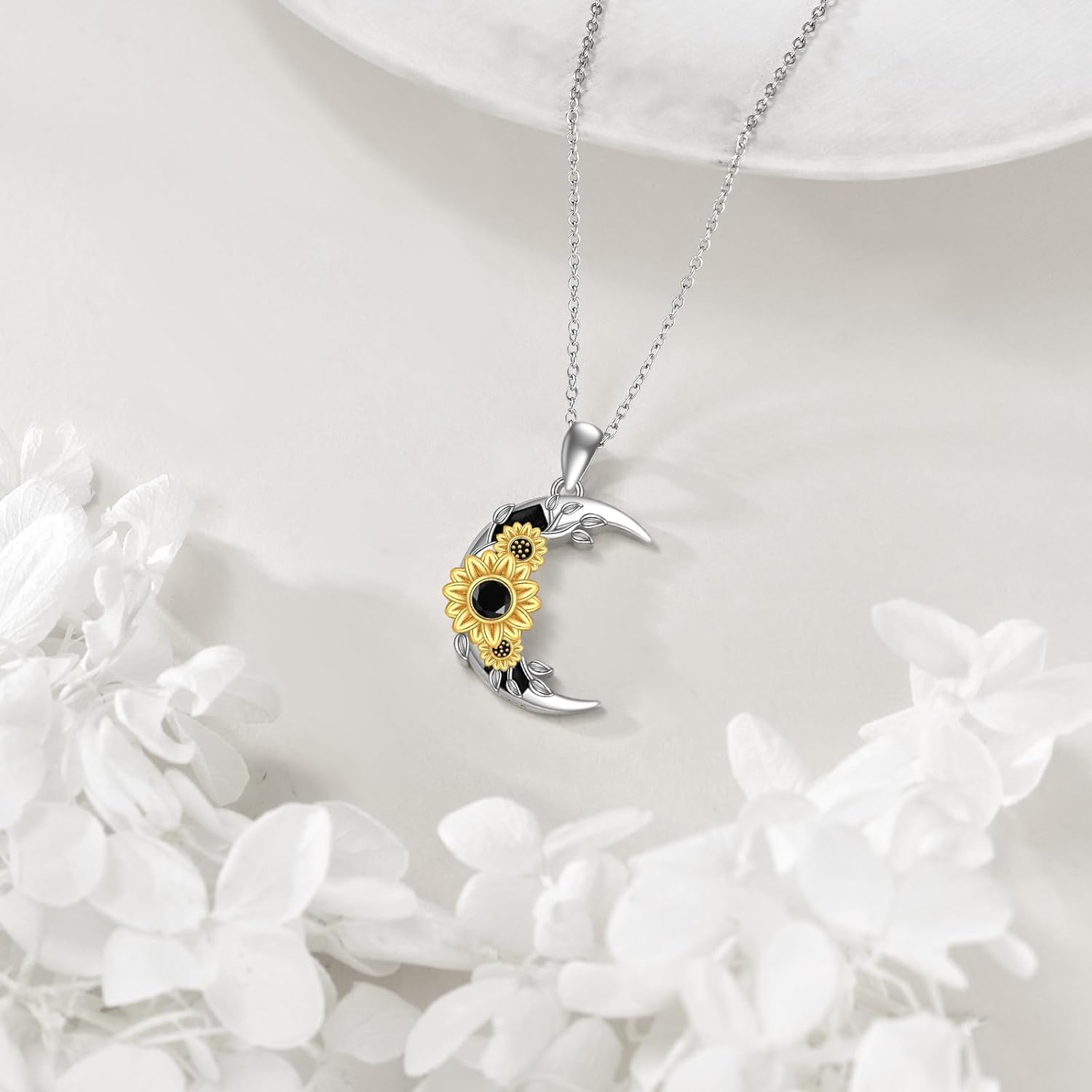 VONALA Black Obsidian Sunflower Pendant Necklace with Crescent Moon – 925 Sterling Silver Women's Dainty Jewelry, Symbolic Gift for Her - Image 4