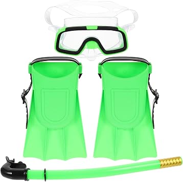 Snorkeling Gear Set with Semi-Dry Snorkel and Short Fins, Green Diving Glasses for Size 25-30, Panoramic Swimming Mask for Junior Water Sports