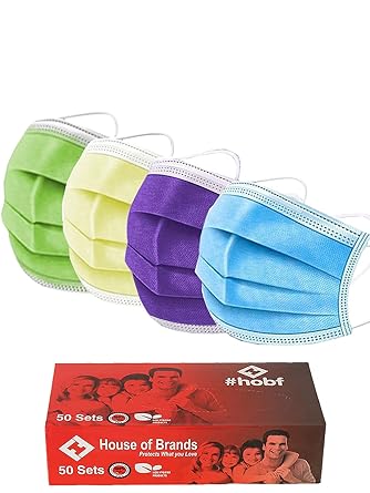 hobf 3 Ply Disposable Surgical Face Mask (Assorted Colors, Free Size, Pack of 100, 3 Ply mask) For Men women & Kids.