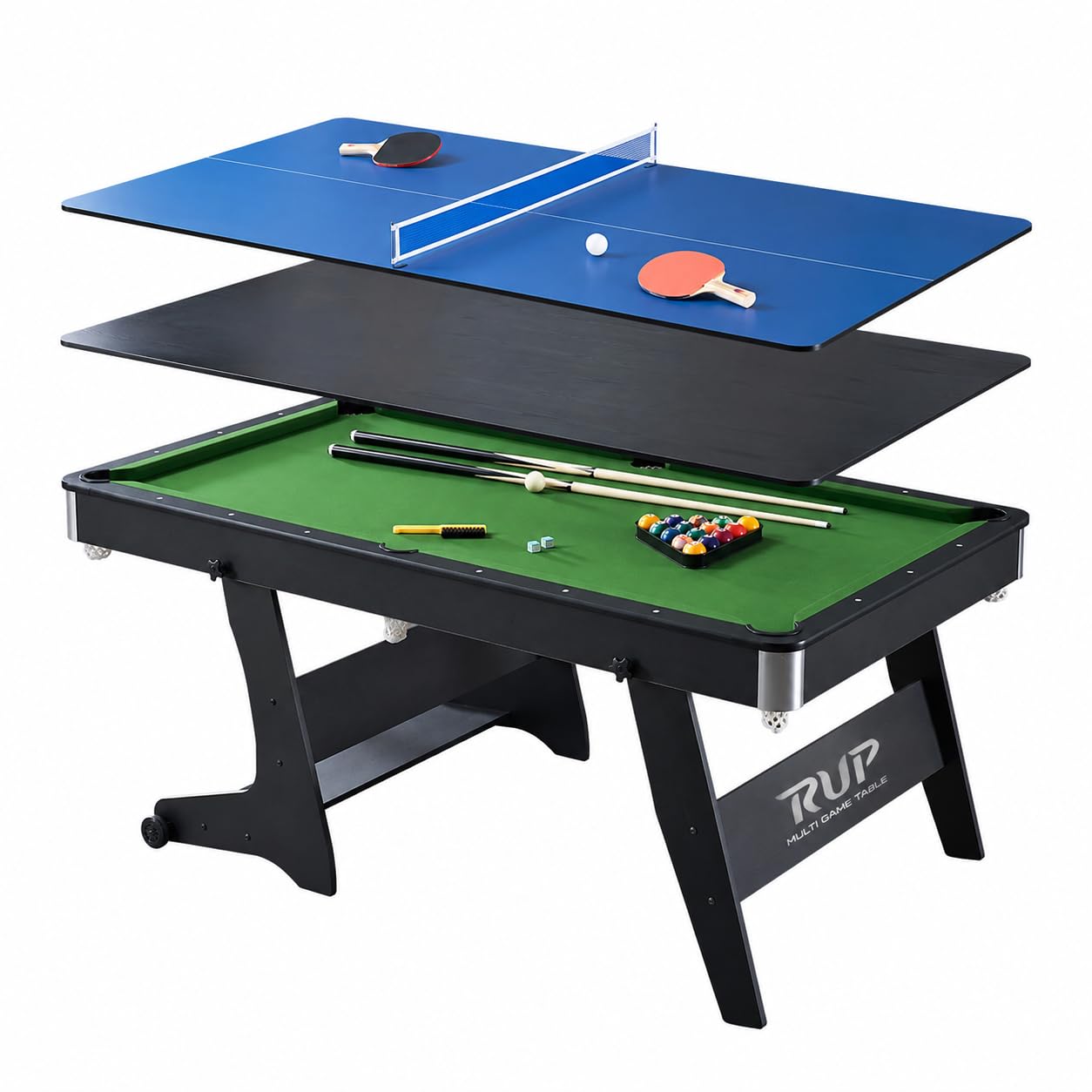 RUP 6ft 3 in 1 Pool/Billiards, Ping Pong/TT, Study Multi Game Table for Home | All accesories Included for 2 Players