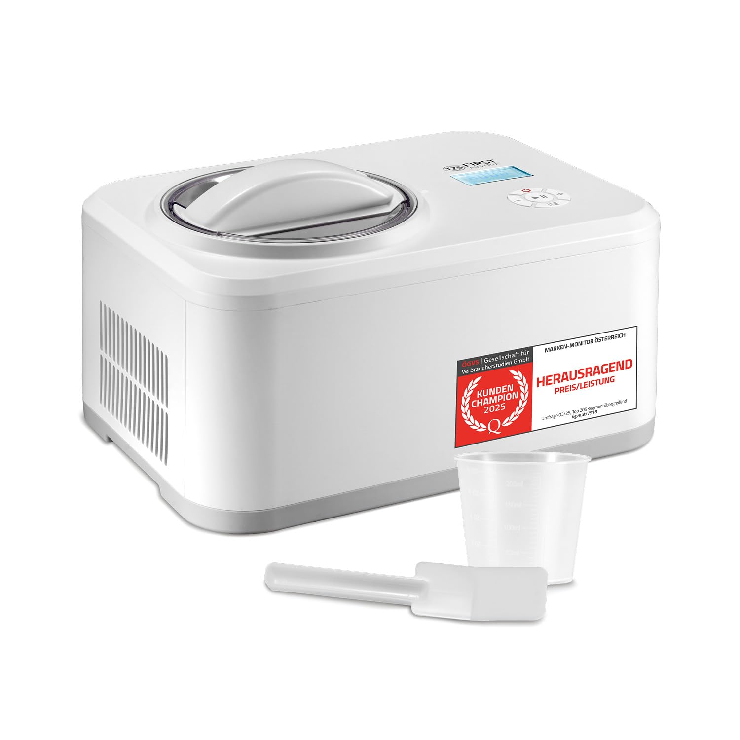 TZS First Austria - Eismaschine 1,5L - 120W - 4-in-1 Speiseeis- & Joghurtbereiter mit Heizfunktion - Selbstkühlend - Entnehmbarer Edelstahl-Behälter - Weiß
