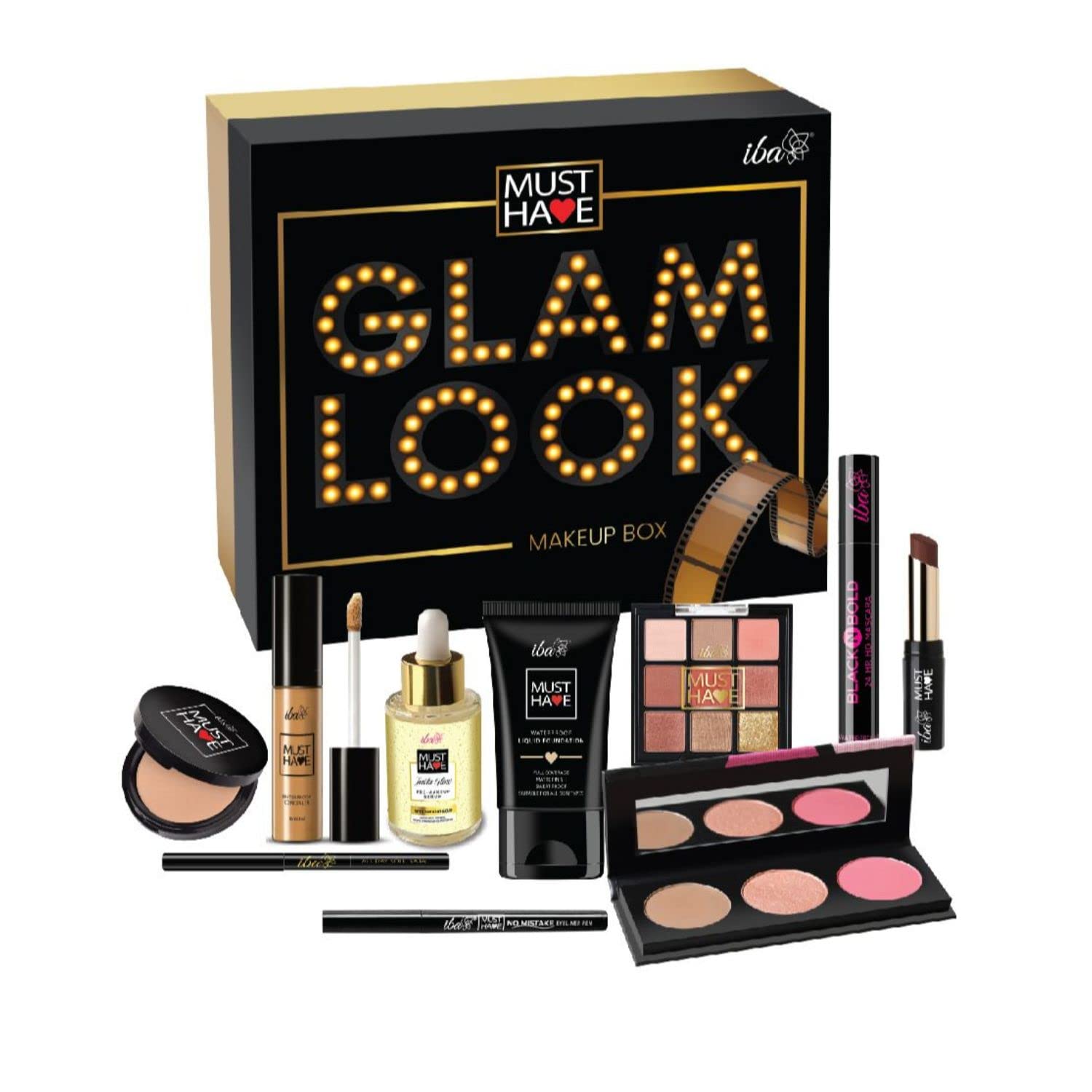 Iba Must Have Glam Look Makeup Box Dusky for Women | Pre Makeup Serum | Waterproof Foundation | Matte Compact | Concealer | Transfer Proof Lipstick | 3 in 1 Face Palette with Blush Highlighter Contour | 9 in 1 Eyeshadow Palette | Smudge Proof Kajal | Eyeliner| Mascara | Long Lasting & Waterproof Face Makeup | Makeup Kit for Women