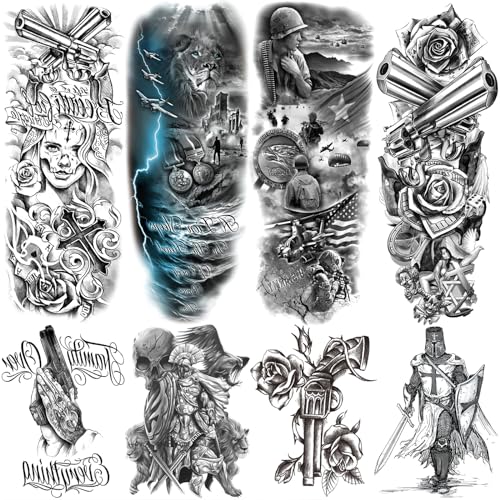 Military Temporary Tattoo Sleeve for Men, 4-Sheet Full Arm Large Patriotic Gun Soldier Fake Tattoo Sleeve Adult Women and 4-Sheet Black Floral Tiger Gun Half Temp Tatoo Sticker Leg Makeup Body Art