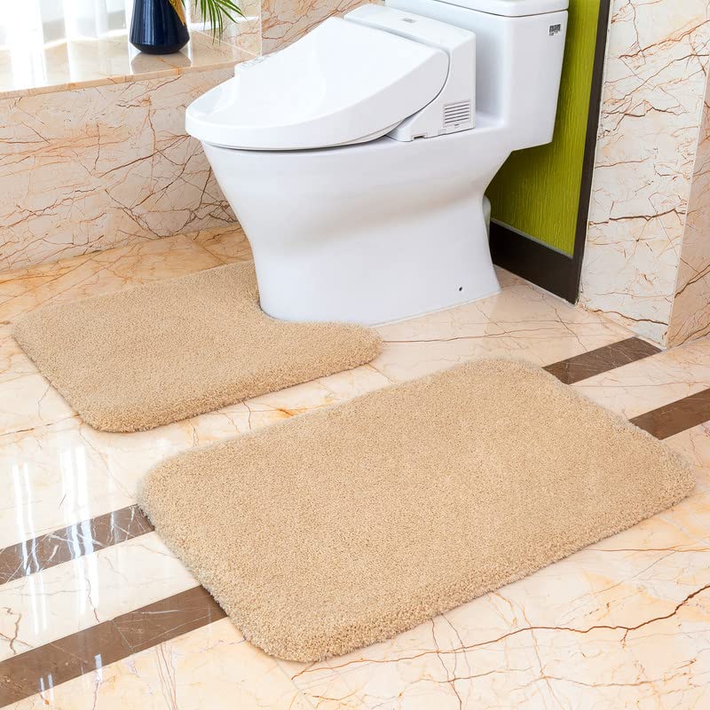 VANZAVANZU Non Slip Bath Mat 2-Piece Set - Thickened Absorbent Ultra Soft & Fluffy Microfiber Toilet Rug, U Shape - 50 x 80cm & 50 x 60cm (Beige)