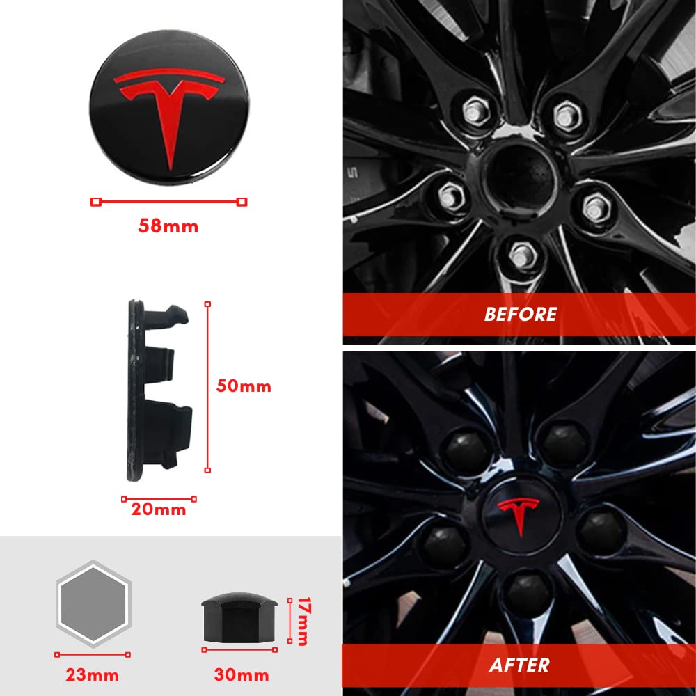 Set Coprimozzo e Copridadi Ruota Magic Select, compatibile con TESLA Model 3 Car. Kit Coprimozzo e Tappi Dadi Ruota Cerchione. (4 coprimozzi + 20 pezzi di cappuccio dado ruota)