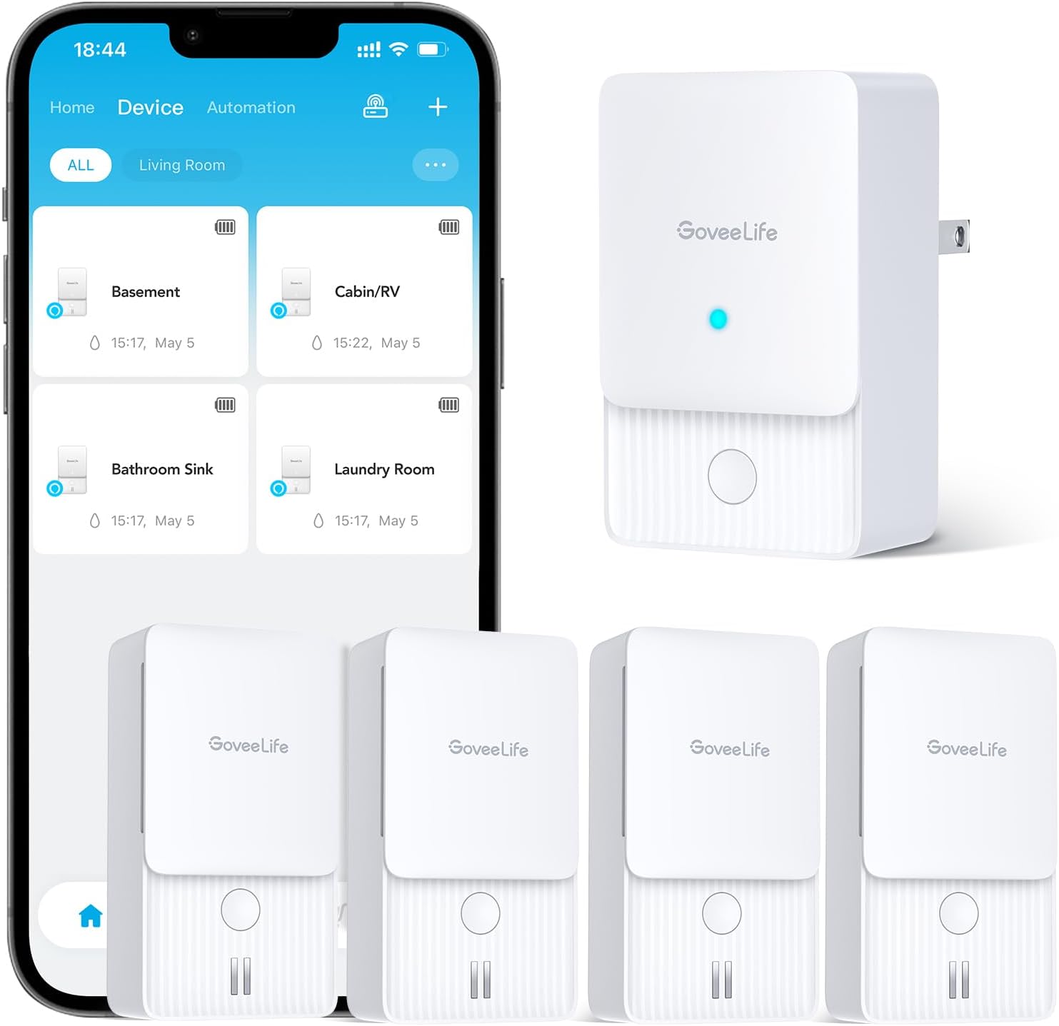 WiFi Water Ieak Detector 2 for Home, Smart Water Ieak Sensor 4 Pack with 100dB Adjustable Alarm and App Alerts, Wireless Detector with 1312 ft Transmission for Basement, Kitchen, Bathroom