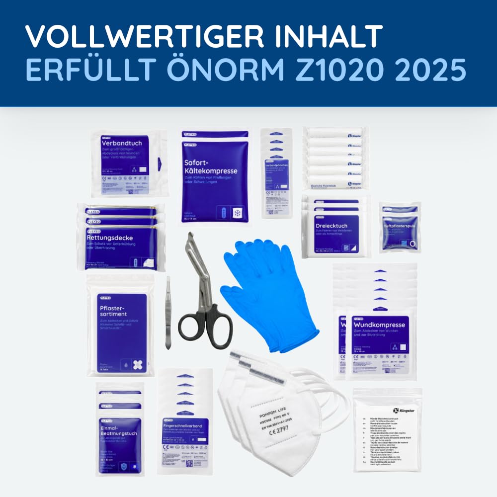 FLEXEO ÖNORM Z1020 - Valigetta di pronto soccorso per l'Austria, con supporto da parete, adesivi, adesivi di prova e piombo, kit per medicazioni per aziende, aziende, ufficio e casa