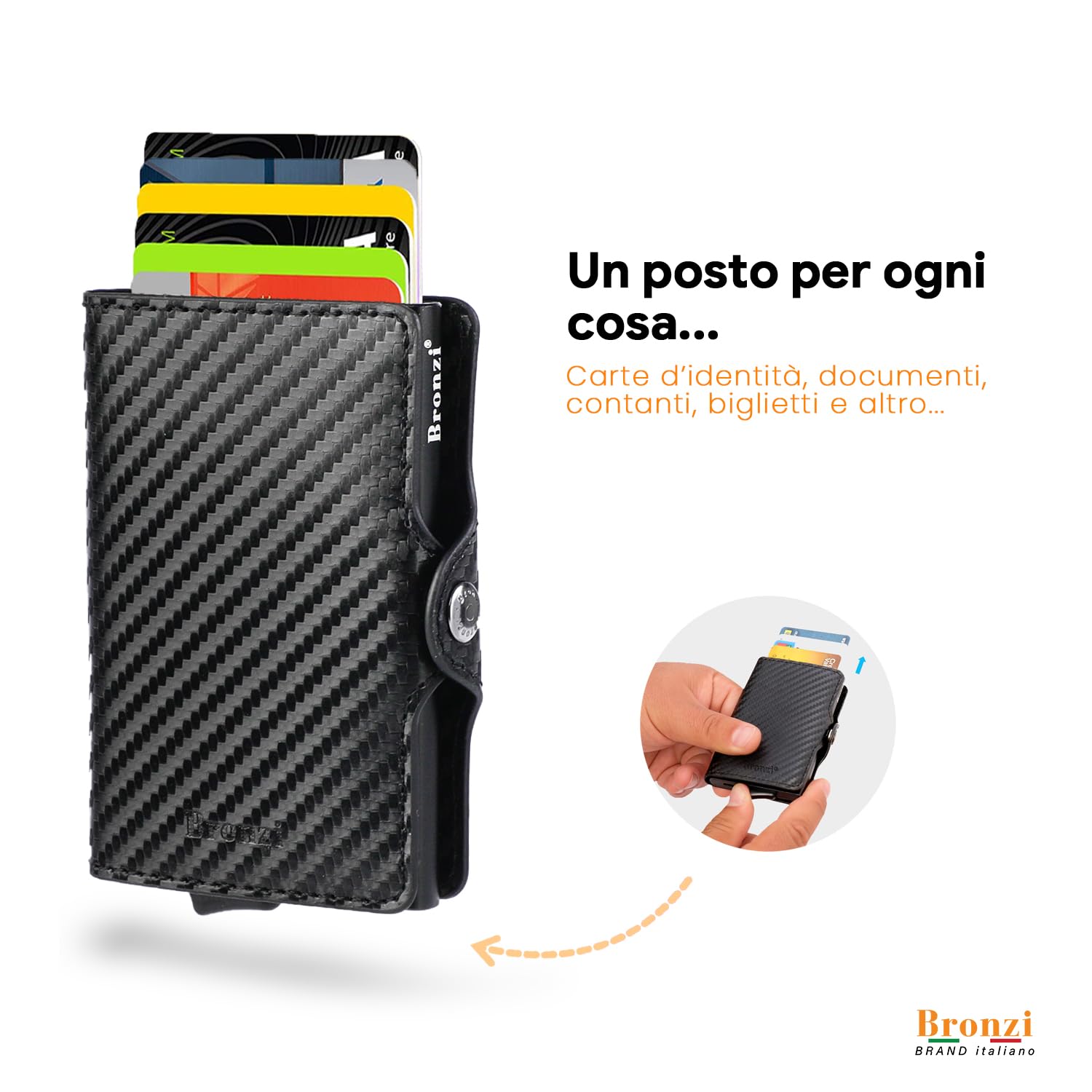 Bronzi® Portafoglio Uomo Slim Piccolo | Portacarte Uomo Donna Portatessere Porta Carte Di Credito | Portafogli Mini Protezione RFID con Portamonete | Box Regalo - Brand Italiano