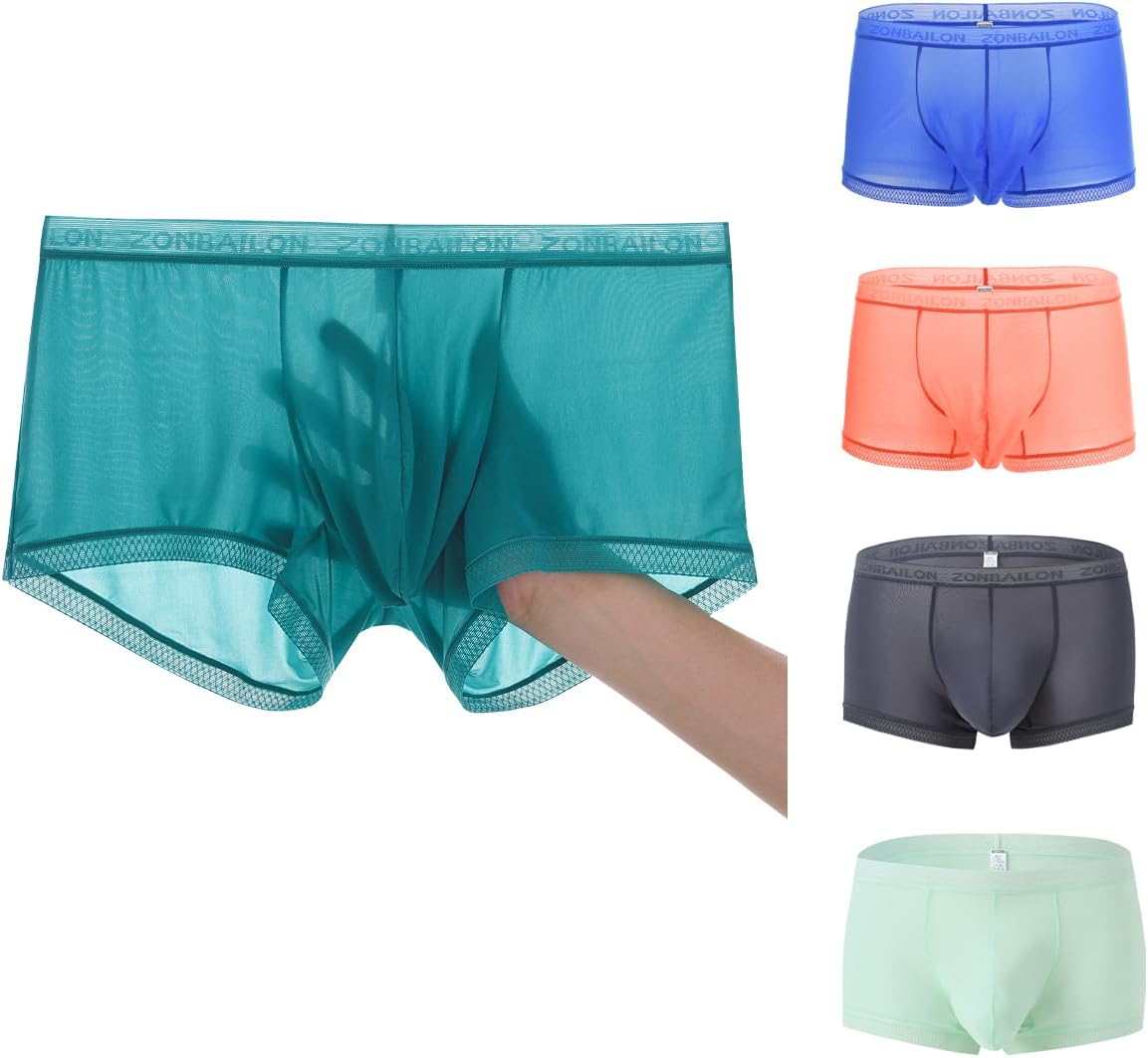ZONBAILON Breathable Ice Silk Men's Boxer Briefs See-Through Underwear Trunk Transparent Stretch
