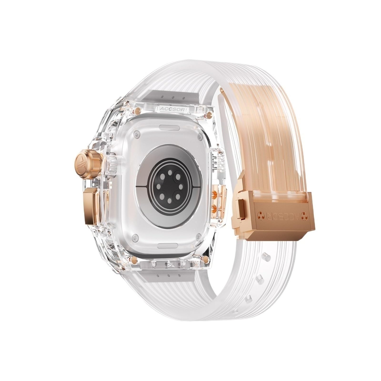 Romluous Transparent Case and Band for Apple Watch Ultra 2 49mm Silicone Strap Metal Folding Buckle Clear Mod Kit Cover Set for Iwatch Ultra2 Replacement Accessories(Rose Gold)