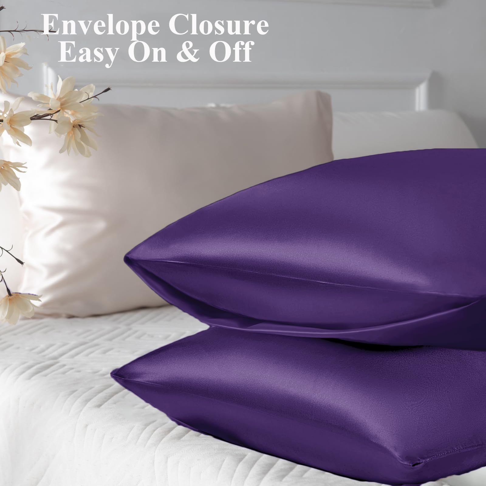 Vielit 2 Pack Satin Pillowcase for Hair and Skin Cooling,Soft as Silk Pillowcase for Hair and Skin,Easier Care than Silk Pillow Case Plum 50x75cm Gifts for Women Envelope & 2 Scrunchies - Image 3