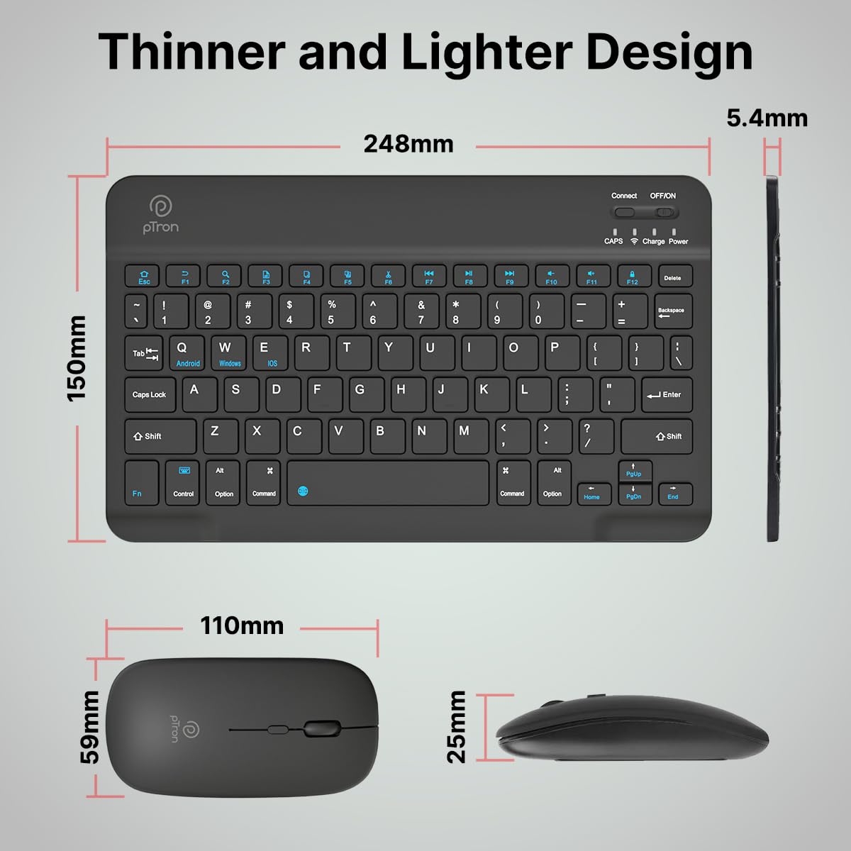 pTron Keyvo KW4 Mini Bluetooth Keyboard & Mouse Combo Set for iPad, Tablets, Smartphones, and Computers, 78 Keys, Ultra-Slim, w/ 1600 DPI Precision Optical Sensor (Black) — Amazon image 3