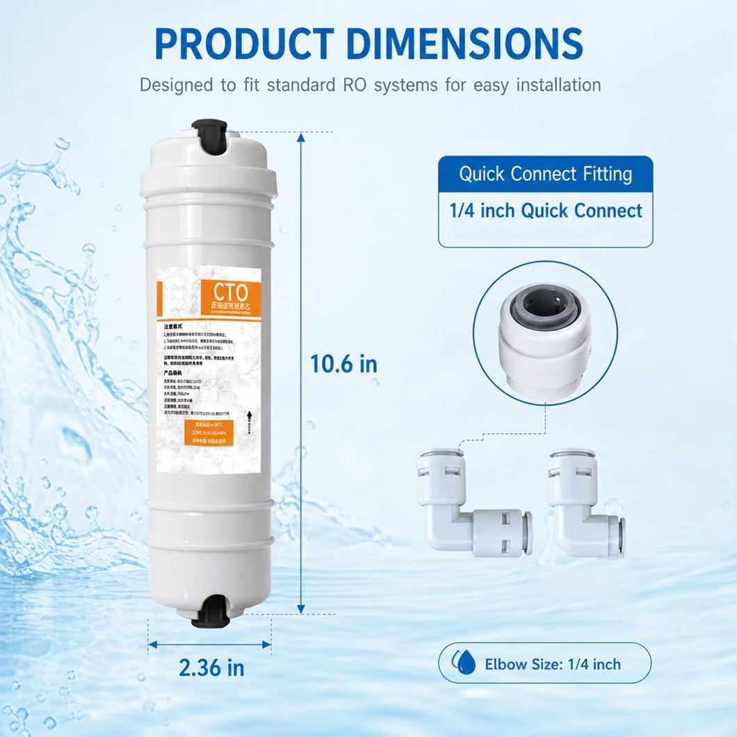 Lot De 3 Filtres À Bloc De Carbone Compressé CTO 10" Avec Kit Connexion Rapide 1/4",adaptateur Coudé Inclus,convient Aux Purificateurs D'eau Osmose Inverse Sous Évier