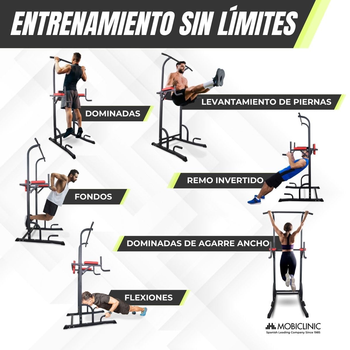 Mobiclinic®, Estación de fondos, Ajustable en 8 Alturas, Respaldo regulable, Resistente, Dominadas, Torre Multifuncional, Power Tower, Gimnasio en Casa, Pull-up, Multifit