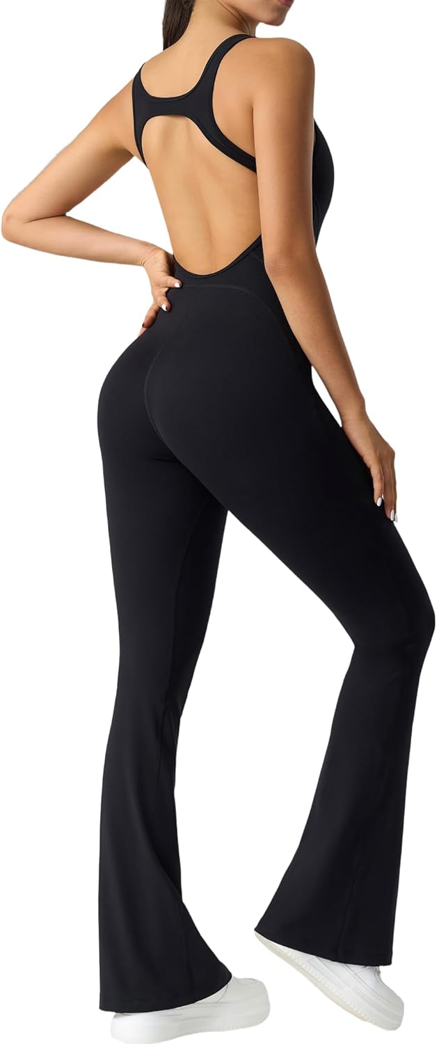Yvette Women's Backless Jumpsuits Built in Bra Gym Workout Yoga Rompers Flare Leggings Bodycon Bodysuits
