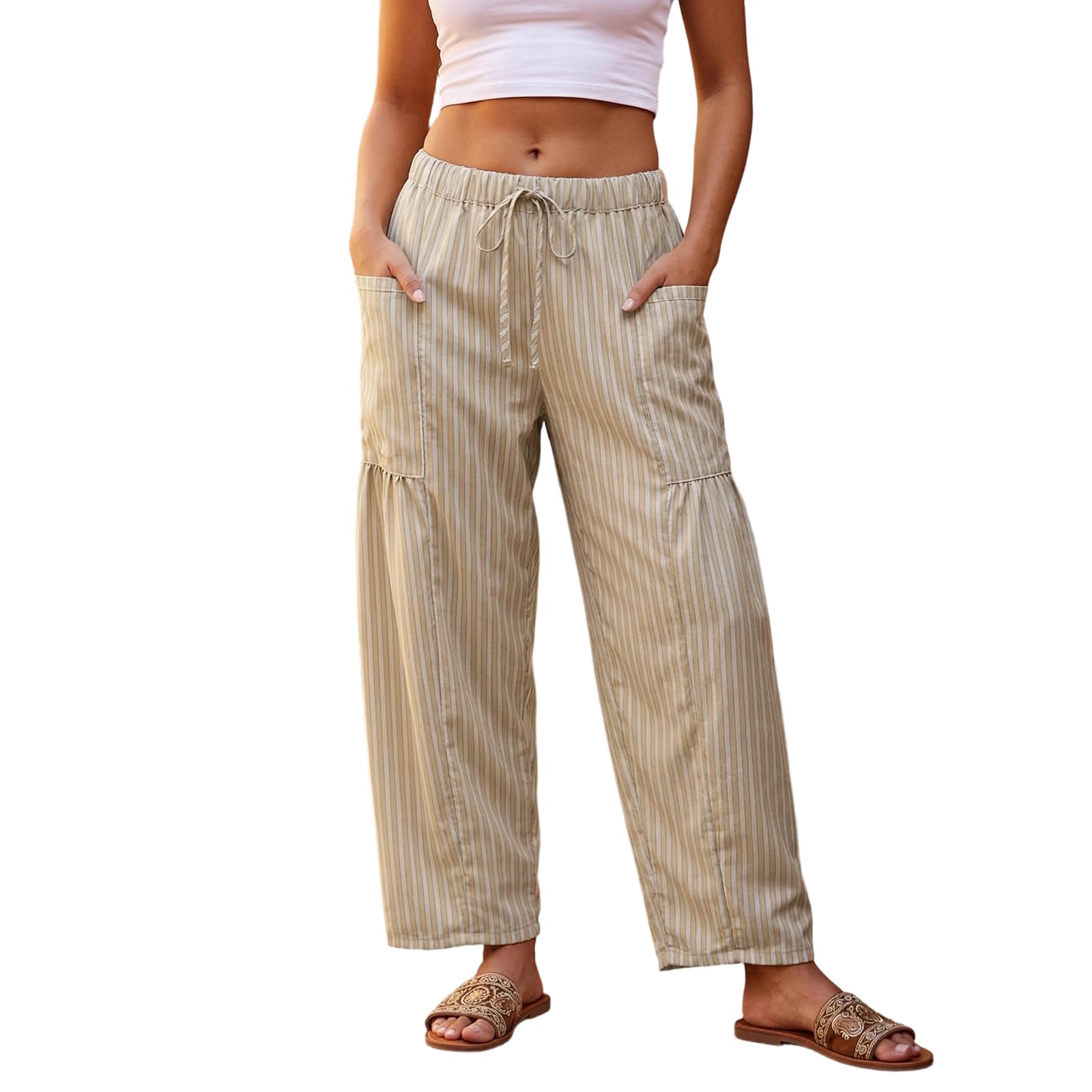 Sexy Outfit Pantalon Sarouel rayé en Coton et Lin pour Femmes, Ample, Jambes Larges, Cordon de Serrage, Pantalon de Plage avec Poches, vêtements de détente d'été
