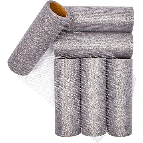 Tulle Rolls, Sewing Accessories and Supplies (Silver, 6 in x 10 Yards, 6-Pack)