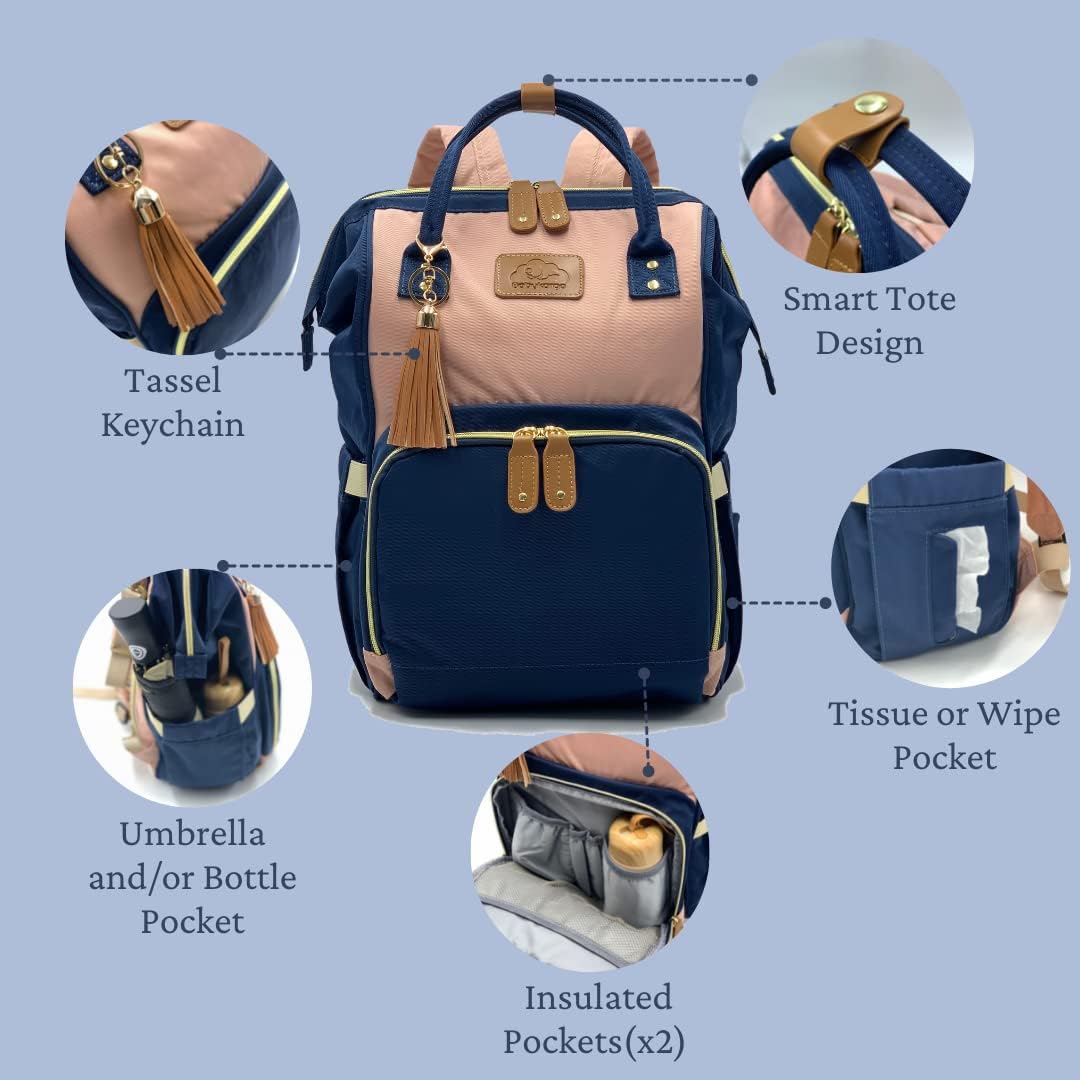 Babykargo Diaper Bag Backpack, Large Capacity, Shower gift, Water Resistant, Tote, Travel Bag & FREE Accessories (Navy-Pink)
