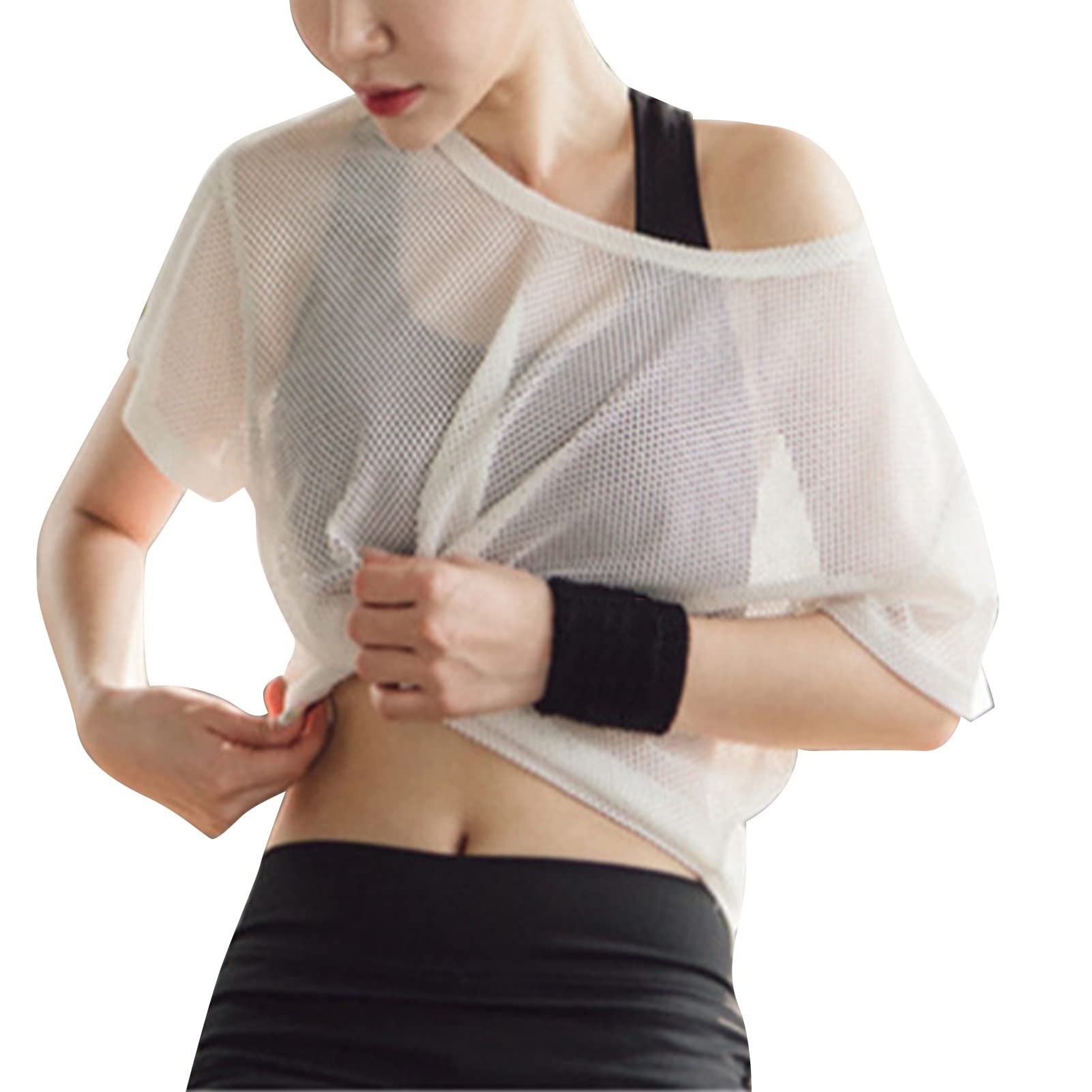 DEKDMesh Cover Up Top, Women Mesh See Through T Shirt Short Sleeve Quick Drying Loose Fit Prevent Pilling Wearable for Fitness for Summer