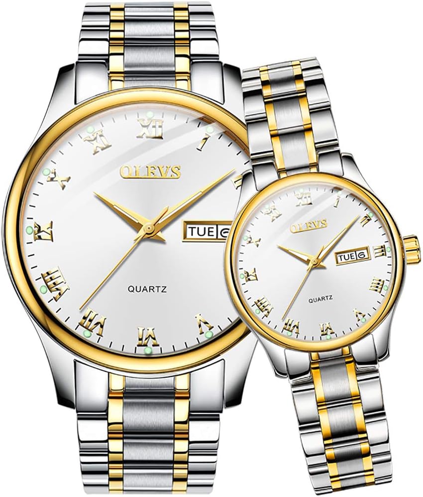 Valentines Couple Pair Quartz Watches Luminous Calendar Date Window 3ATM Waterproof, Casual Stainless Steel His and Hers Wristwatch for Men Women Lovers Wedding Romantic Gifts Set of 2