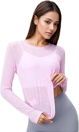 Sheer Workout Long Sleeve Shirts for Women, Crew Neck Loose Fit Breathable Open Back Gym Athletic Yoga Tops